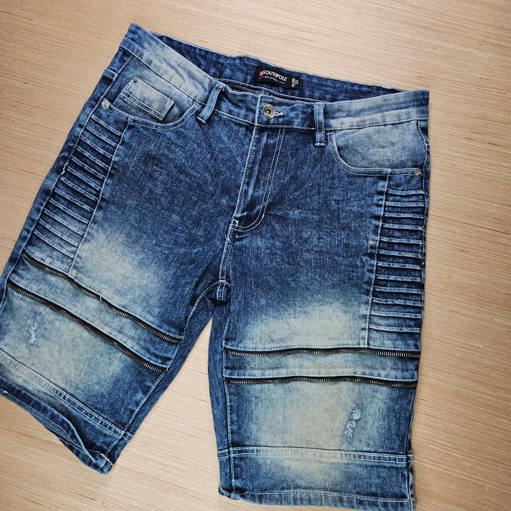 Southpole‎ Y2K Moto Biker Flex Denim Shorts 32 Zip Knee Panel Streetwear Acid